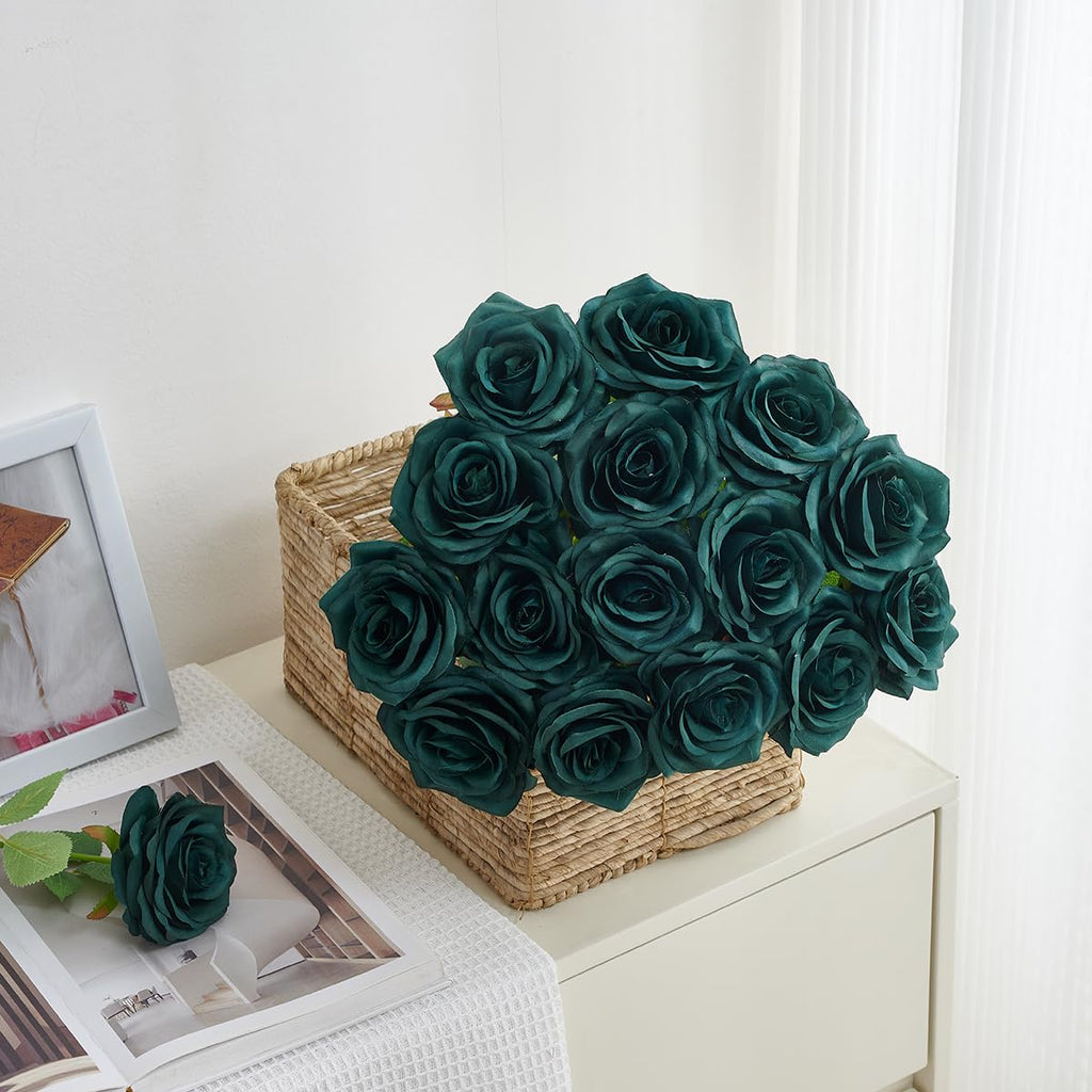 50pcs Emerald Green Roses Artificial Flowers Bulk, Fake Roses Silk Flower with Stems Realistic Flowers for Wedding