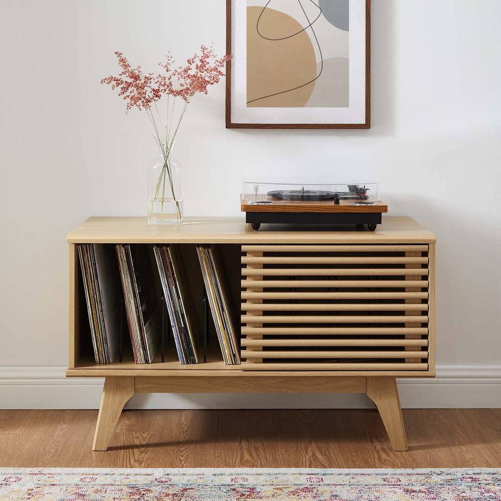 Render Mid-Century Modern 37" Vinyl Record Display Stand in Oak