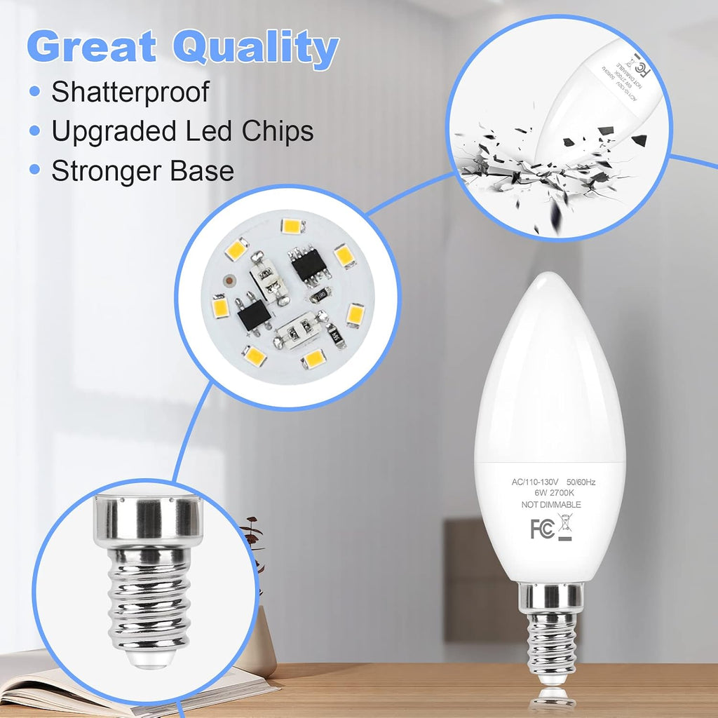 E12 Candelabra LED Light Bulbs 60W Equivalent, 5000K 6W 450 Lumens Chandelier Light Bulb, Daylight White LED Ceiling