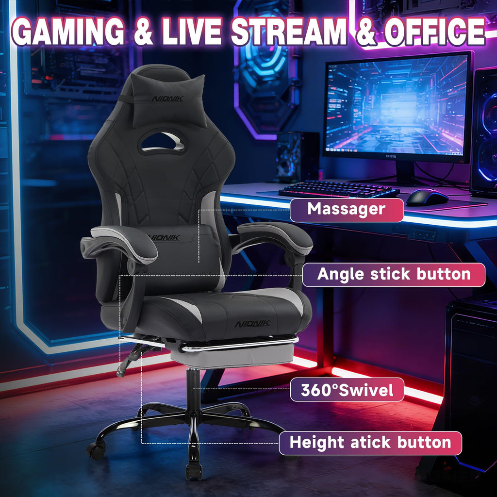 Gaming Chair with Footrest and Massage Lumbar Support, Ergonomic Computer Gamer Chair, Office Video Game Chairs with
