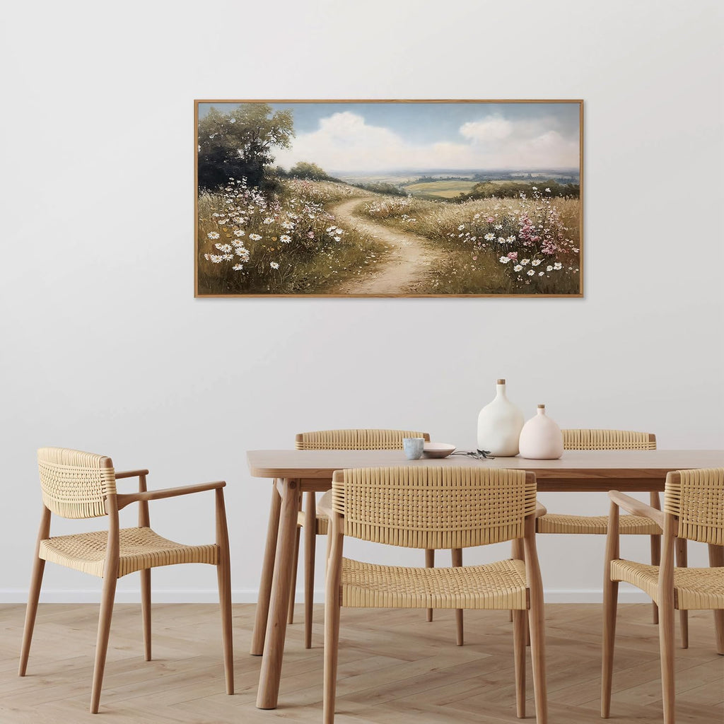 Rustic French Country Framed Canvas Wall Art, Vintage Flower Field Wall Decor, Calming Nature Landscape Art