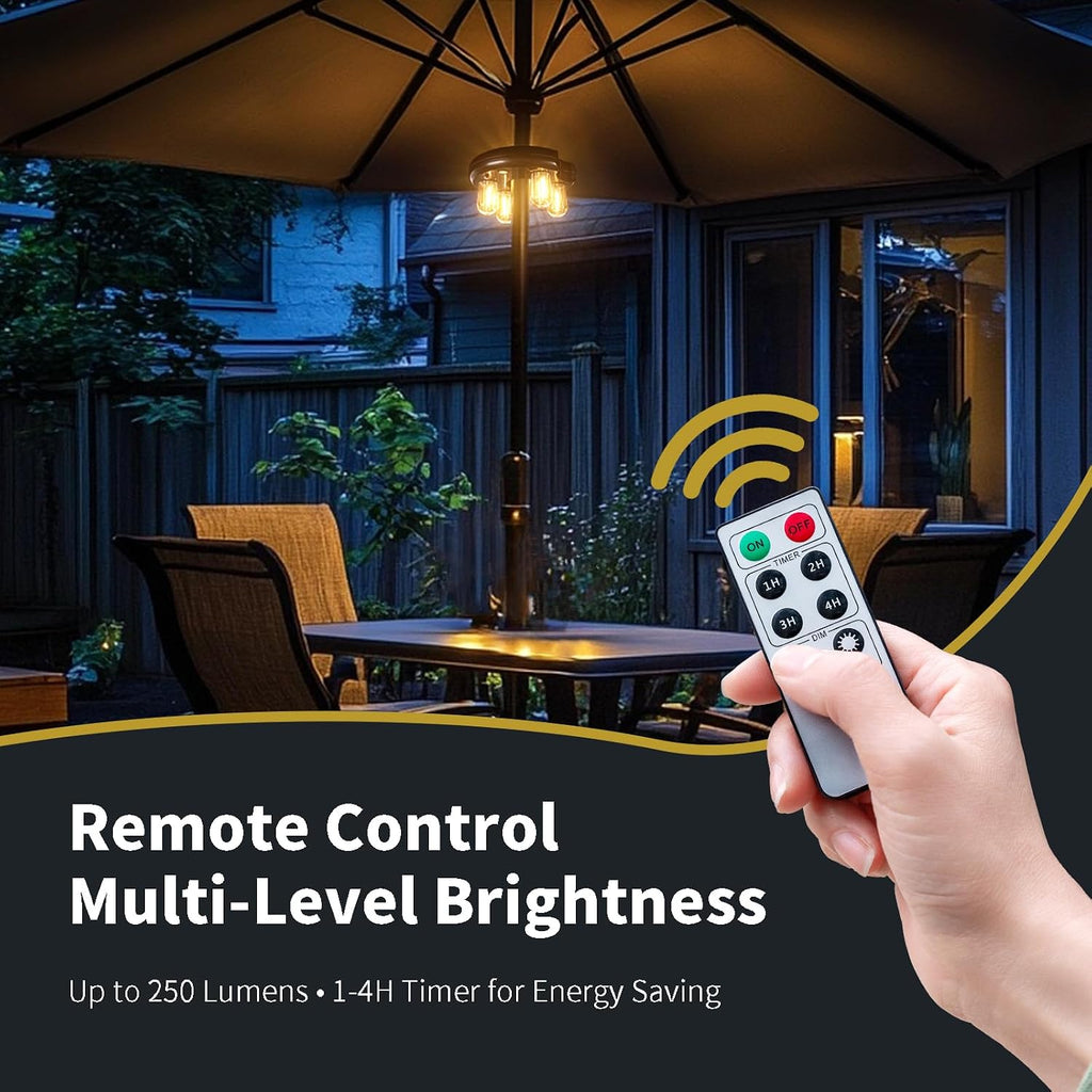 Patio Umbrella Light with Remote Control, Rechargeable Cordless LED Edison Bulbs Pole Light with 10 Brightness Levels -