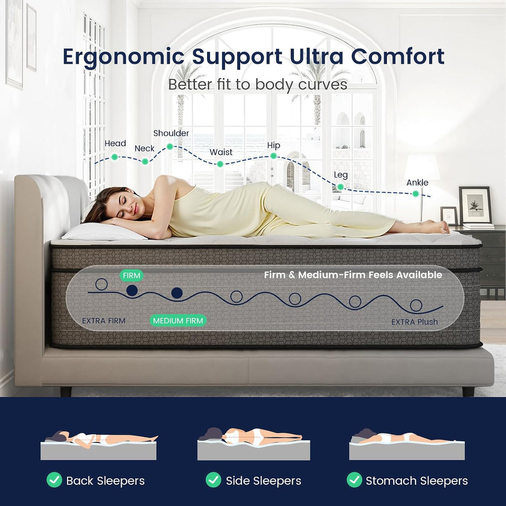 California King Mattress 12 Inch, Firm Hybrid Mattress in a Box | Hotel Level Comfort, 7-Zone Pocket Springs, Cooling
