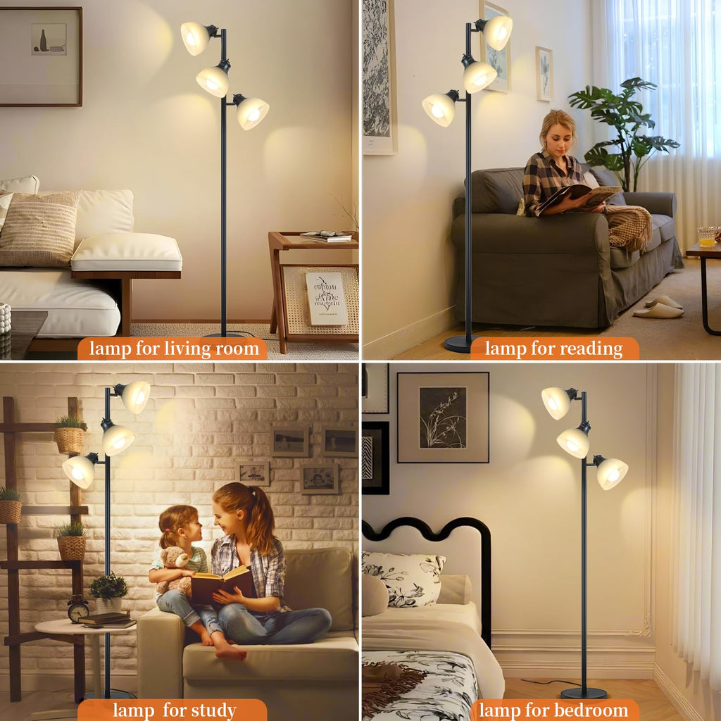 3 Head Tree Floor Lamp, Black Industrial Glass Shades