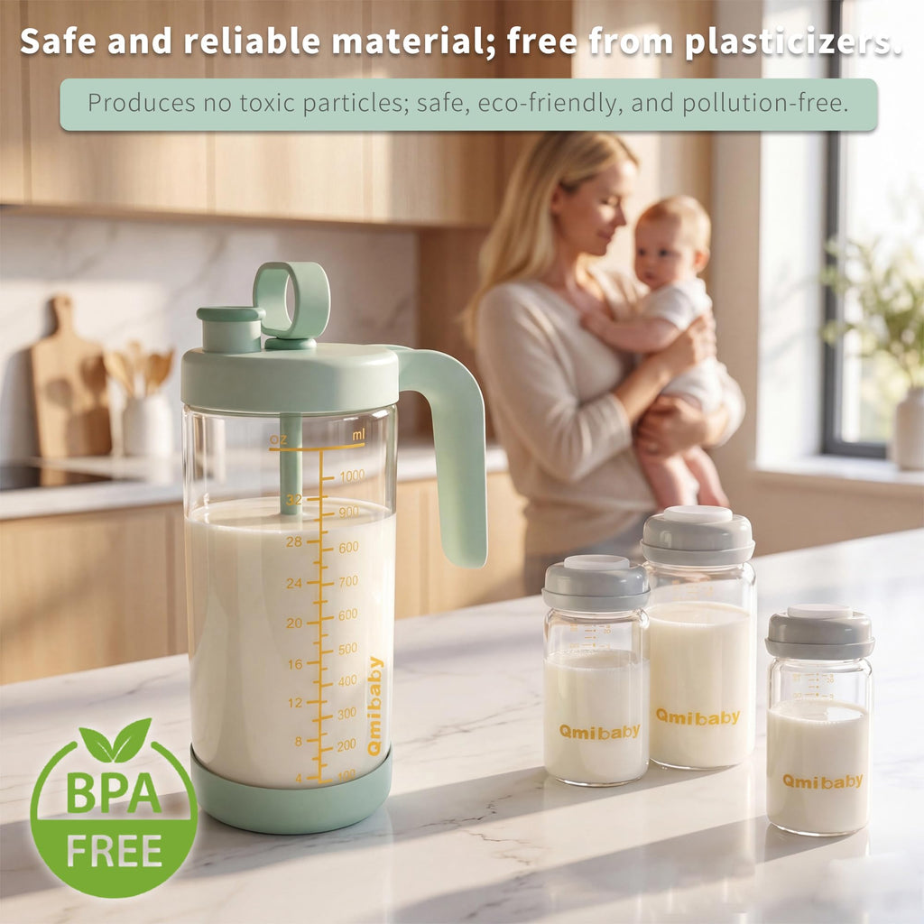 32oz Borosilicate Glass Formula Mixing Pitcher, BPA-Free Leakproof Breastmilk Fridge Storage Container, Wide Mouth