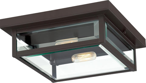 Westover 12" Outdoor Flush Mount Ceiling Light, 2-Light Western Bronze with Clear Beveled Glass, E12 Base