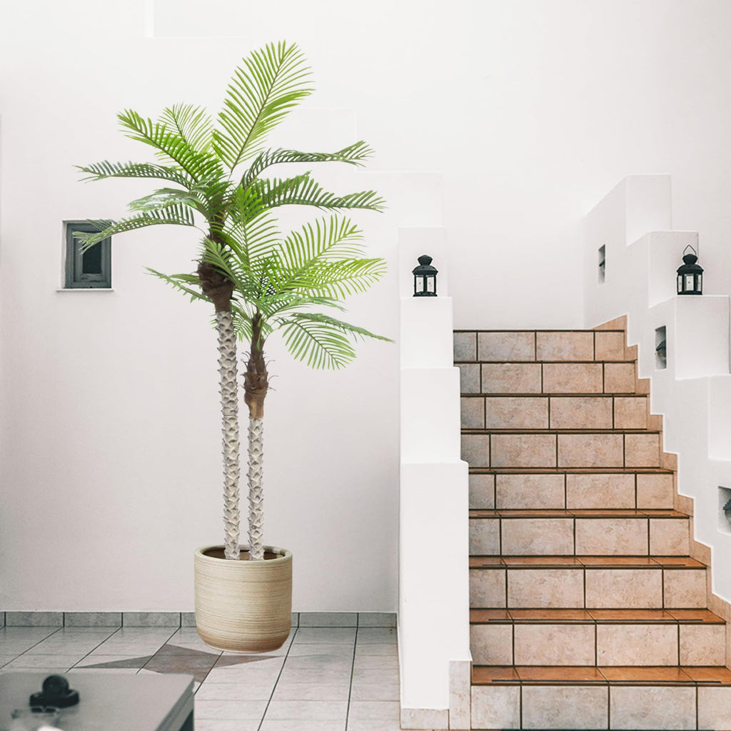 8FT Artificial Palm Tree with Realistic Bark & Leaves, UV Resistant Faux Indoor Outdoor Palm Plant, Yard, Patio, and