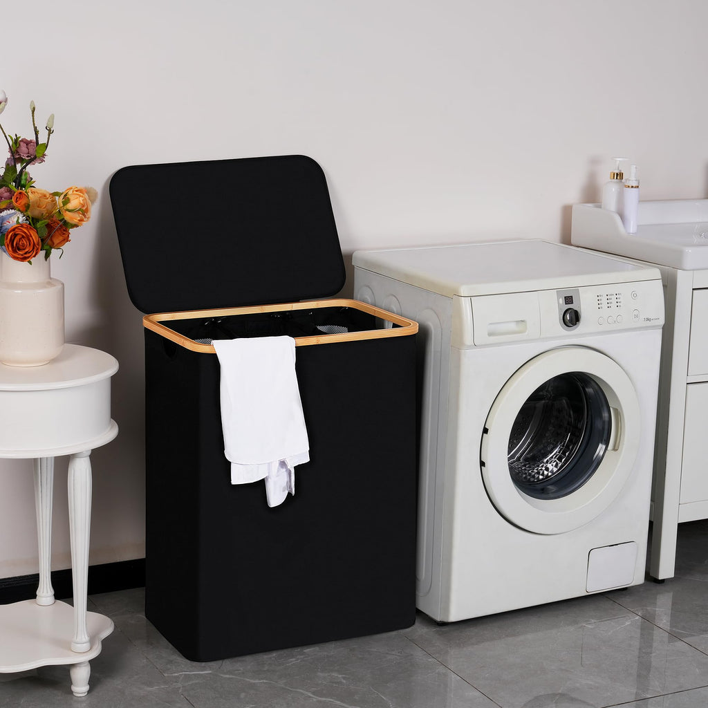 Laundry Hamper 3 Section with lid and 3 Removable Bags, Black