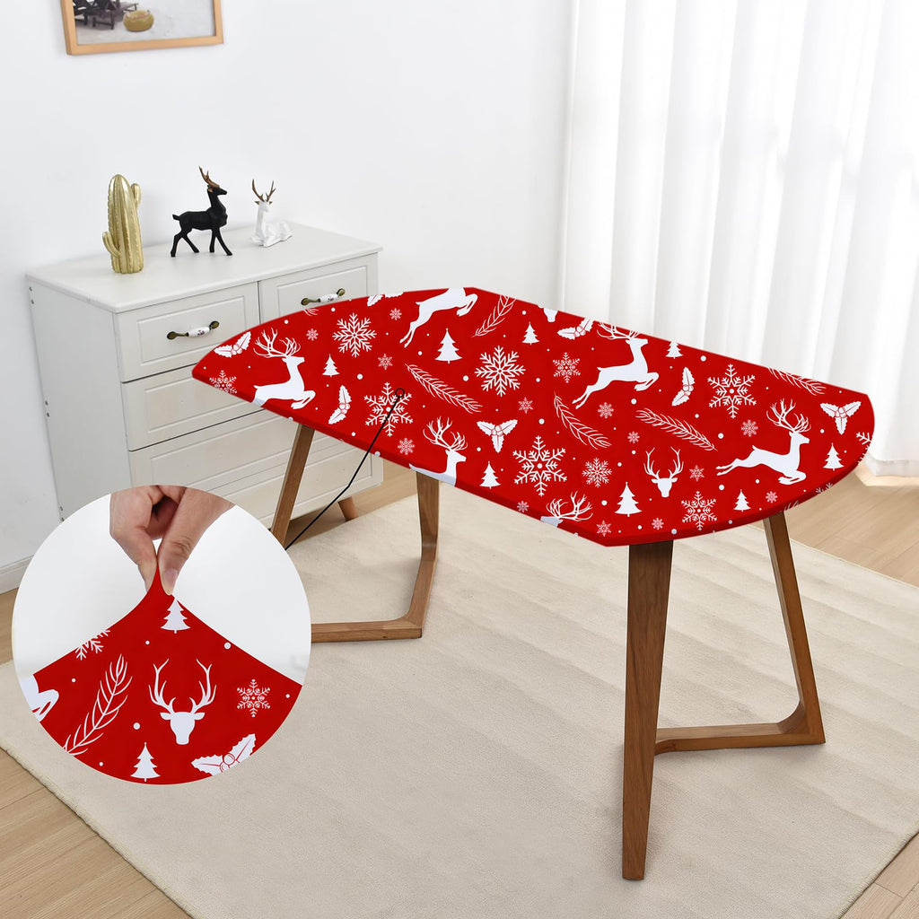 Oval Christmas Fitted Tablecloth Washable Red Holiday Spandex Outdoor Table Cloth for Winter New Years Party with