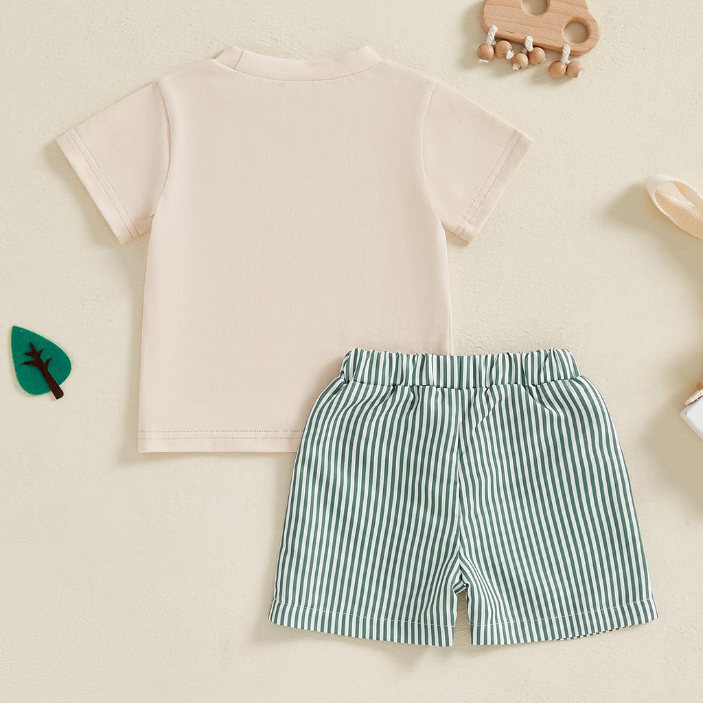 Toddler Baby Boy Summer Outfits Short Sleeve Embroidered T Shirt Tees + Striped/Plaid Shorts Infant Clothes Set