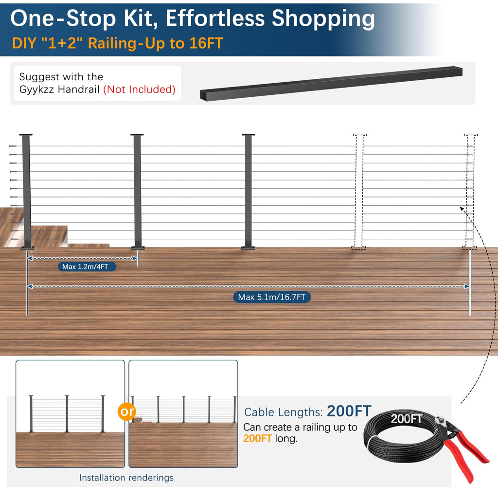 3 Pack Swageless One-Stop Cable Railing Post Kits 42", Stainless Steel T304 Deck Railing System with Swageless