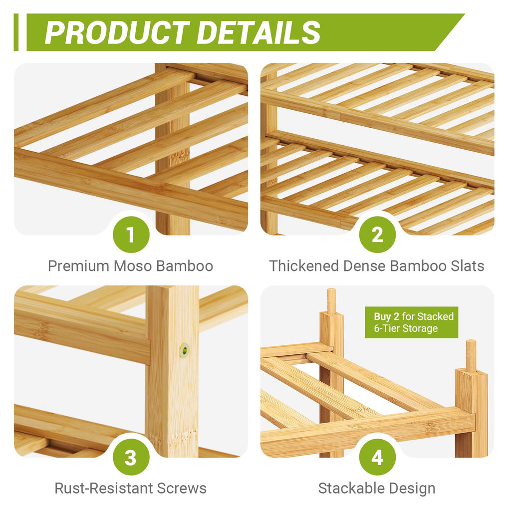 6-Tier Bamboo Shoe Rack Premium Stackable Shoe Shelf Storage Organizer Closet Living Room Entryway Organizer (Natural