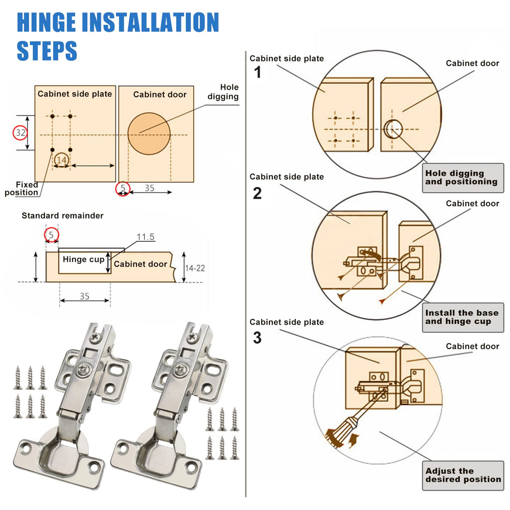 10 Pack 35mm Soft Close Cabinet Hinges, Concealed Full Overlay Hinge