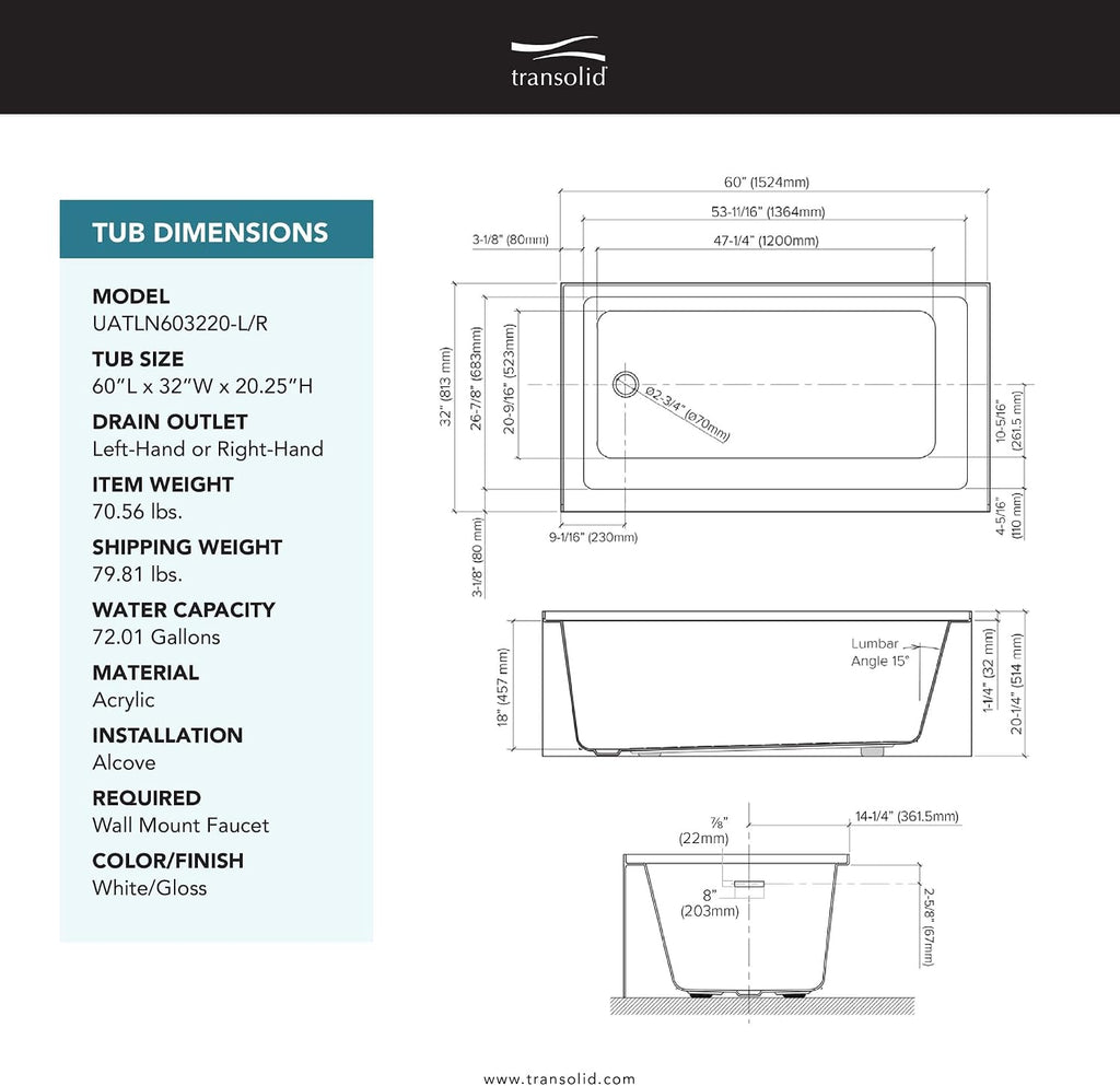 UATLN603220-R-BN Unity 60-in x 32-in x 20-in Alcove Acrylic Bathtub Kit With Right Hand Drain, White/Brushed Nickel