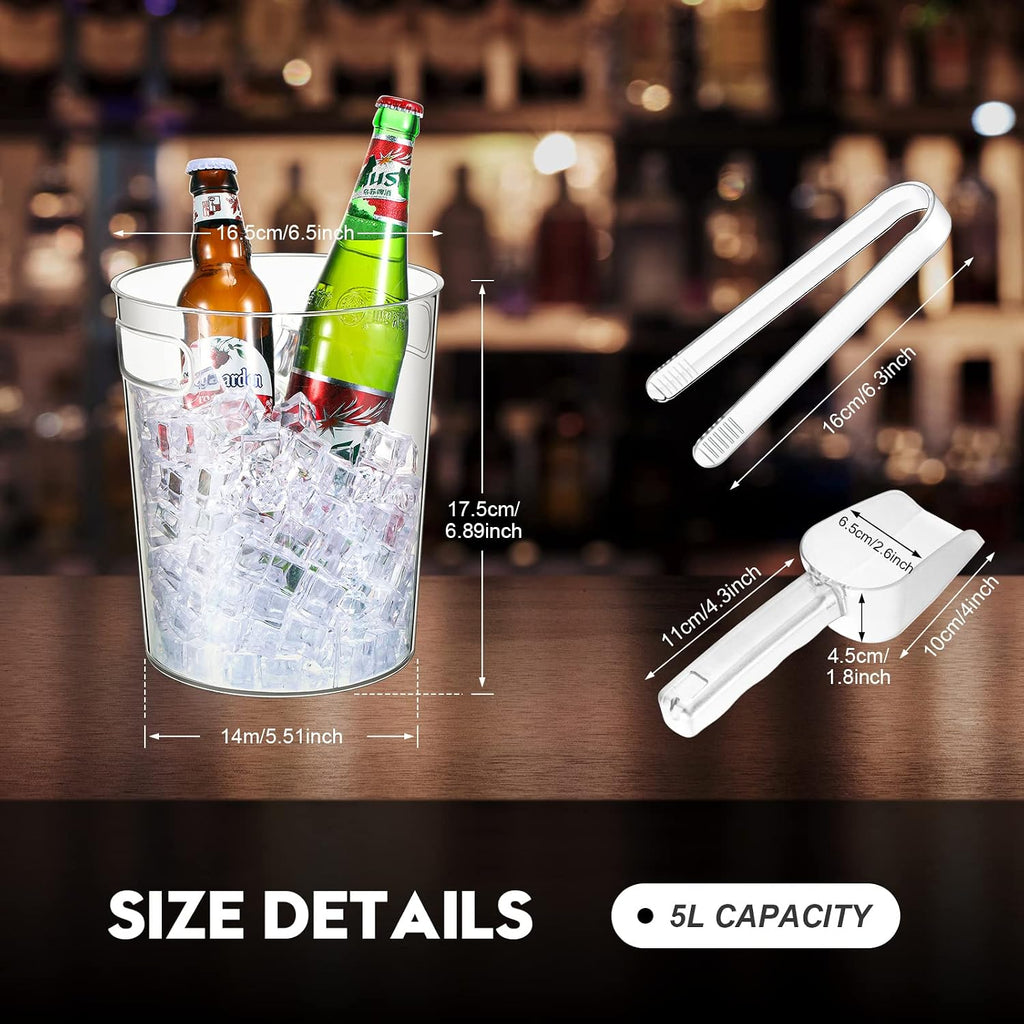 6 Set Plastic Ice Buckets for Parties with Handle, Scoop, Serving Tongs, Large Clear Ice Bucket Round Chiller