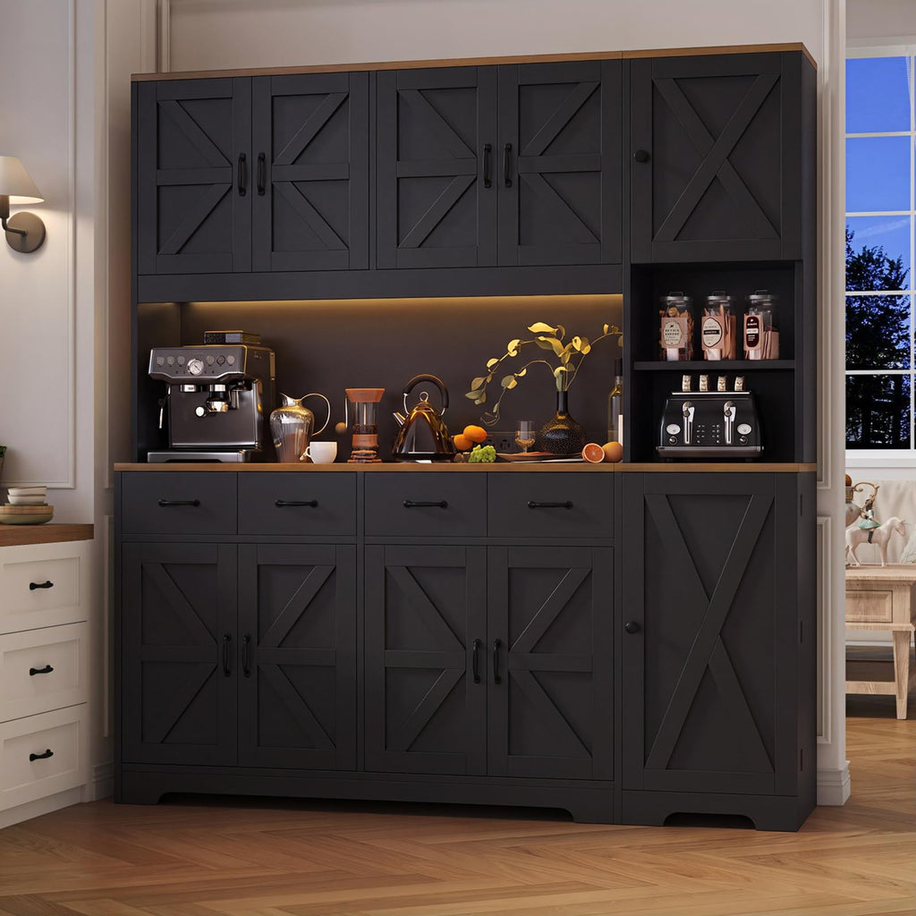 71" Tall Kitchen Pantry with LED Lights & Charging Station, Farmhouse Storage Cabinet with 4 Drawers & 6 Cabinets