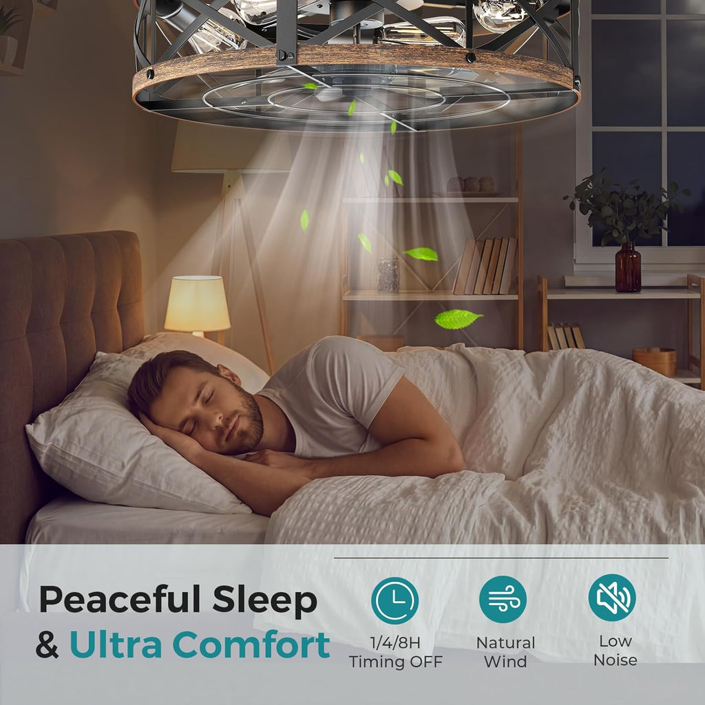 Ceiling Fans with Remote, Farmhouse Ceiling Fan, 19 Inch Low Profile Caged Fandelier, Flush Mount with 6 Wind Speeds