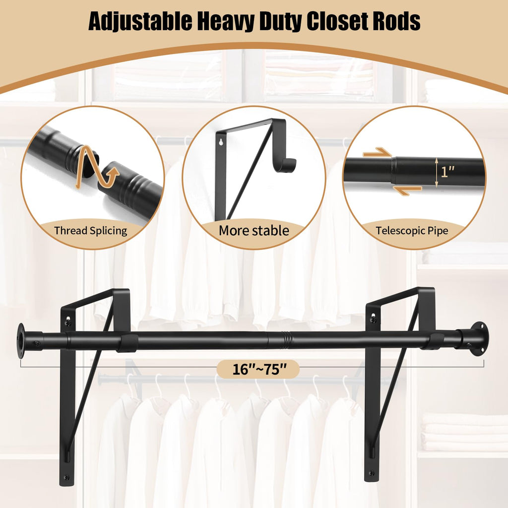 Closet Rod, 16 to 75 Inch Heavy Duty Adjustable Clothes Rod for Hanging Clothes and Heavy Duty Clothes Rod Bracket