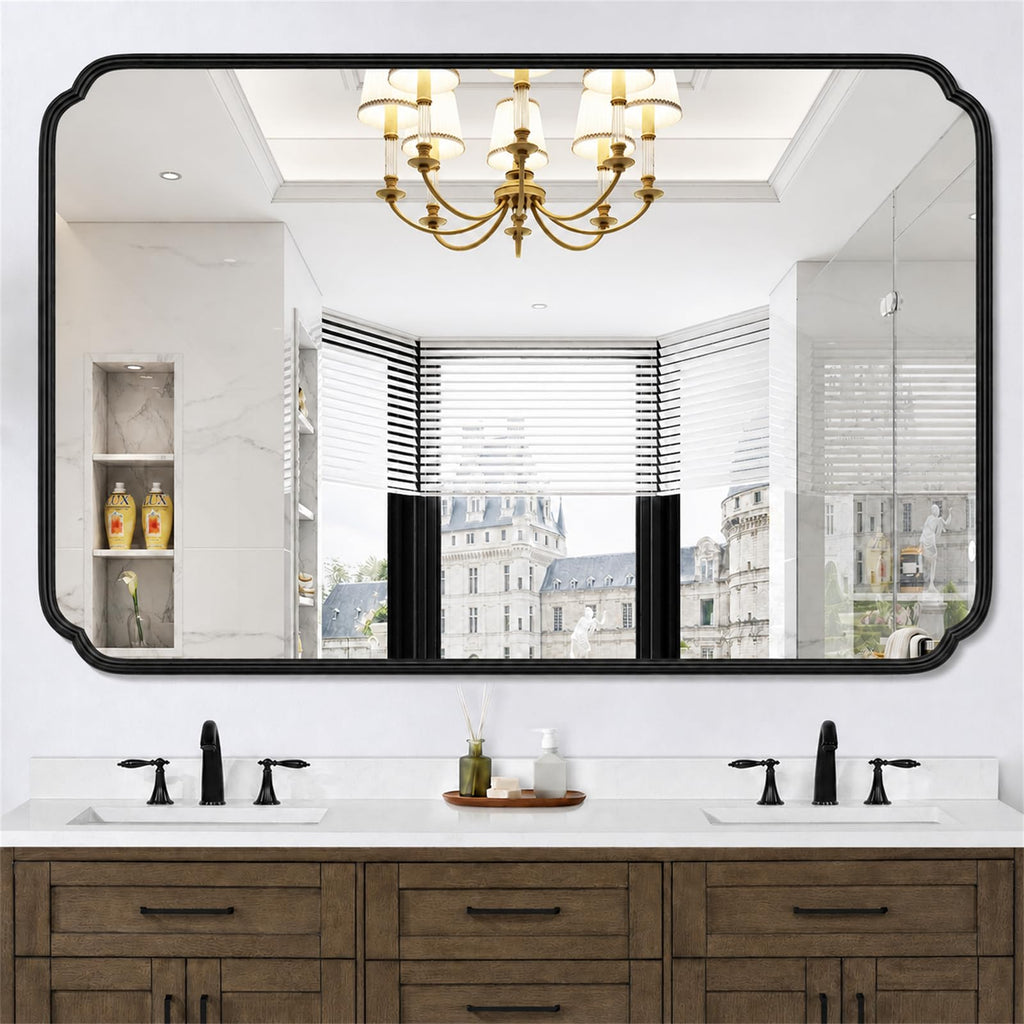 Matte Black Bathroom Mirror 55×36 Inch, Large Rounded Rectangle Metal Framed Wall Mount Vanity Mirror, Farmhouse