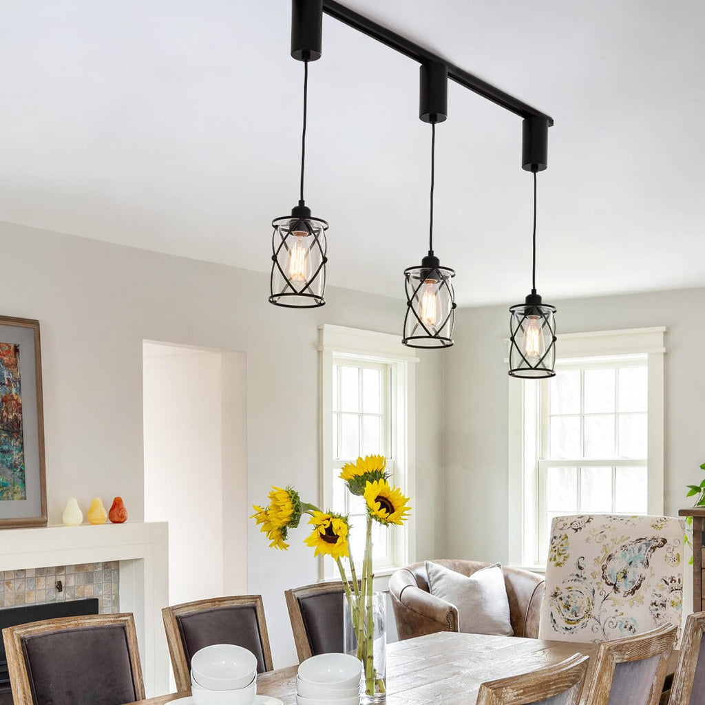 H-Type Black Track Lighting Pendant with Dotted Cage Clear Glass, Adjustable Hanging Light, E26 Socket, Pack of 3