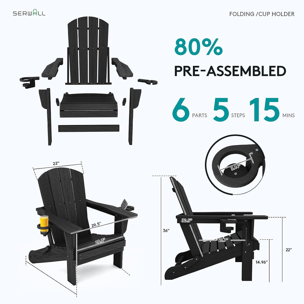 Outdoor Adirondack Chair Set of 2 with 2 Cup Holders,Foldable,Black | HDPE Composite,Waterproof,Wood Grain,Cup &