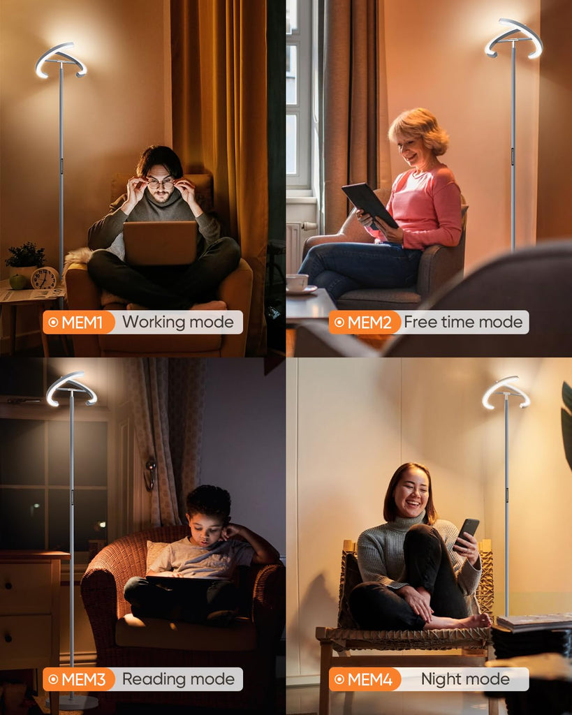 Silver Floor Lamps, Stepless Dimmable Standing Lamp with Touch Remote Control, 22W Rotatable LED Floor Light Tall
