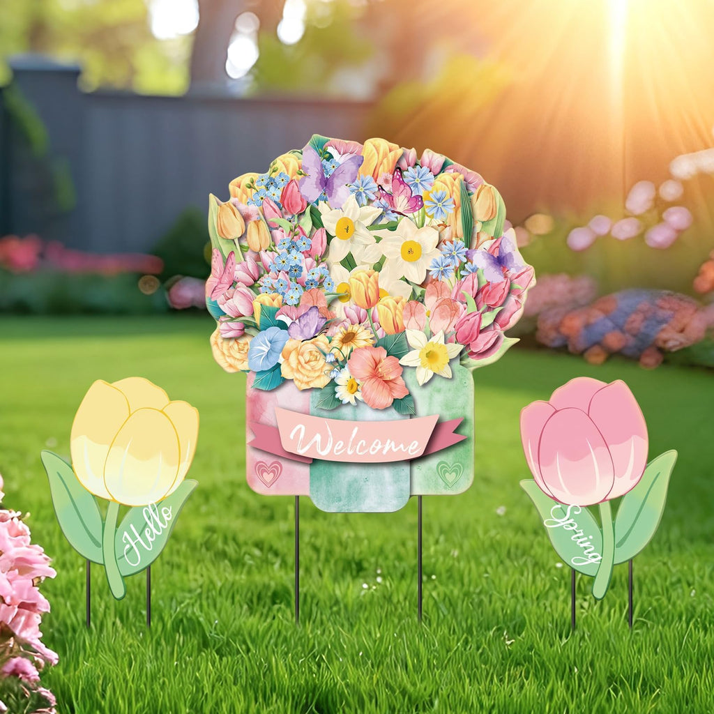 3Pcs Hello Spring Welcome Flower Yard Stakes Metal Floral Outdoor Decor, 2-in-1 Decorative Tulip Flower Sign for