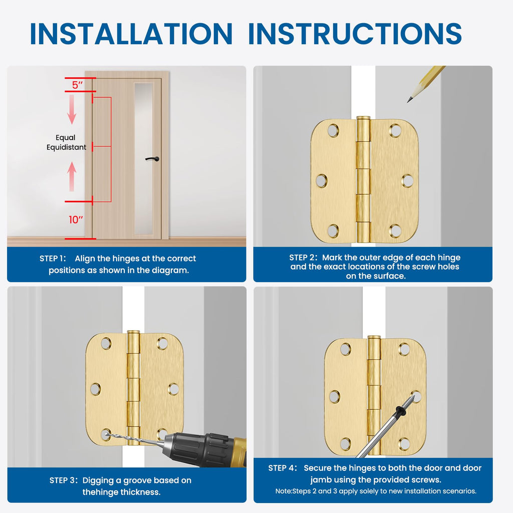 12 Pack Brushed Brass Door Hinges 3.5 Inch Gold Door Hinge with 5/8" Radius Corners Interior Door Hinges 3 1/2" Satin