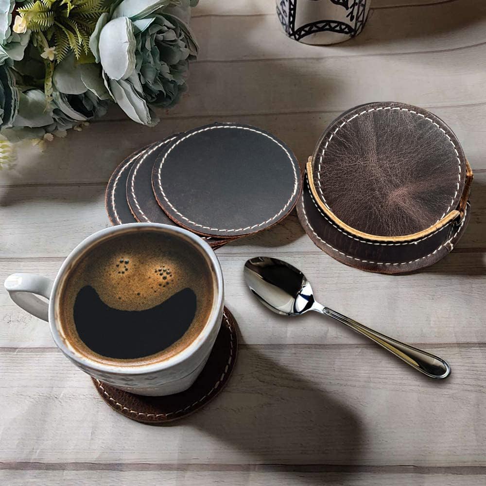 Leather Coasters for Drinks with Holder, Round, Dark Brown - Set of 6