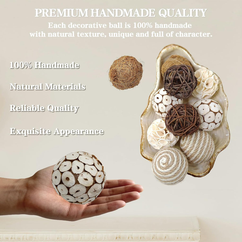 2.5" Decorative Balls for Bowls, Natural Handmade Orbs Bowl Filler Decor, Table Centerpiece & Dough Bowl Vase - Set of 10