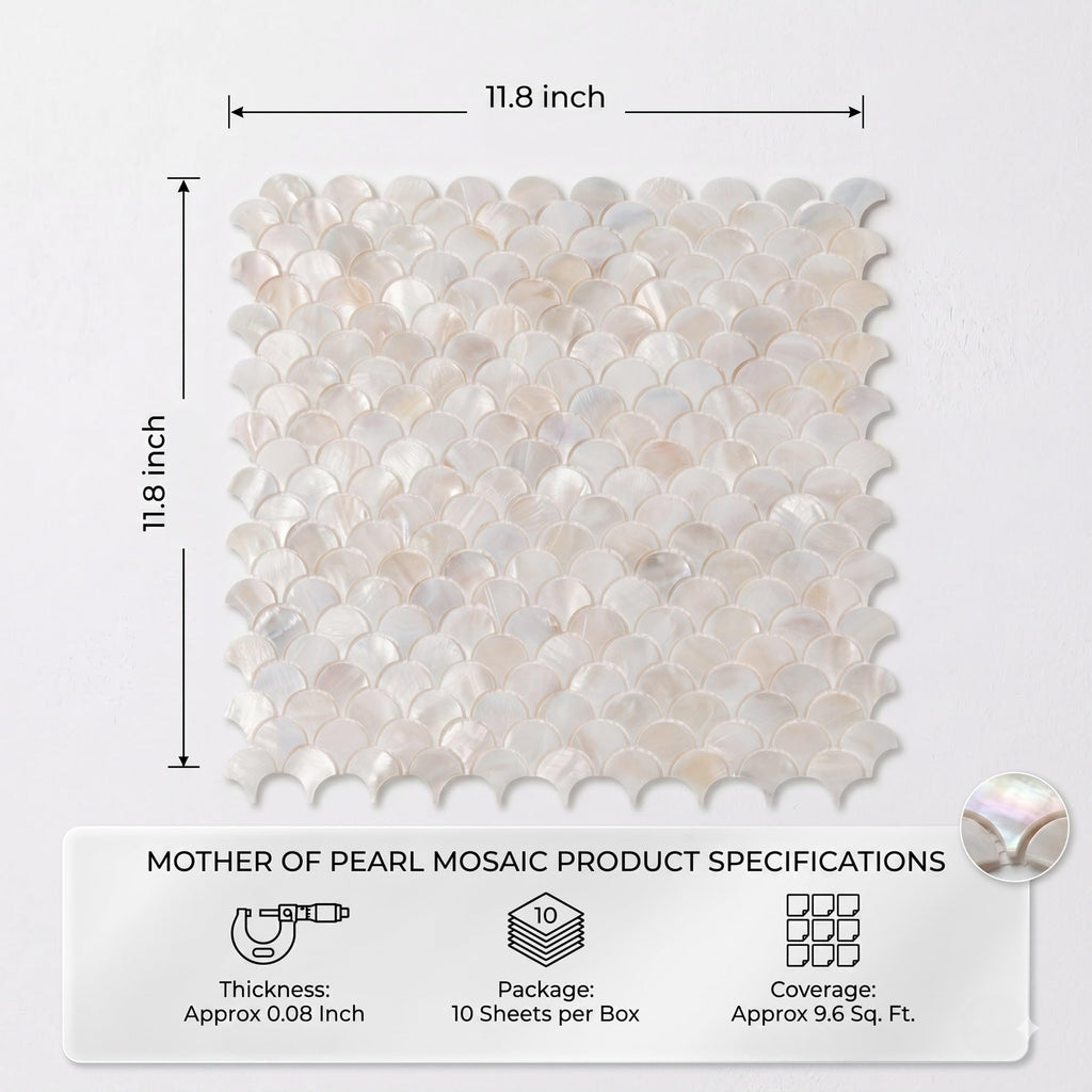 White Mother of Pearl Fish Scale Mosaic Tiles, 10 Pcs 11.8x11.8