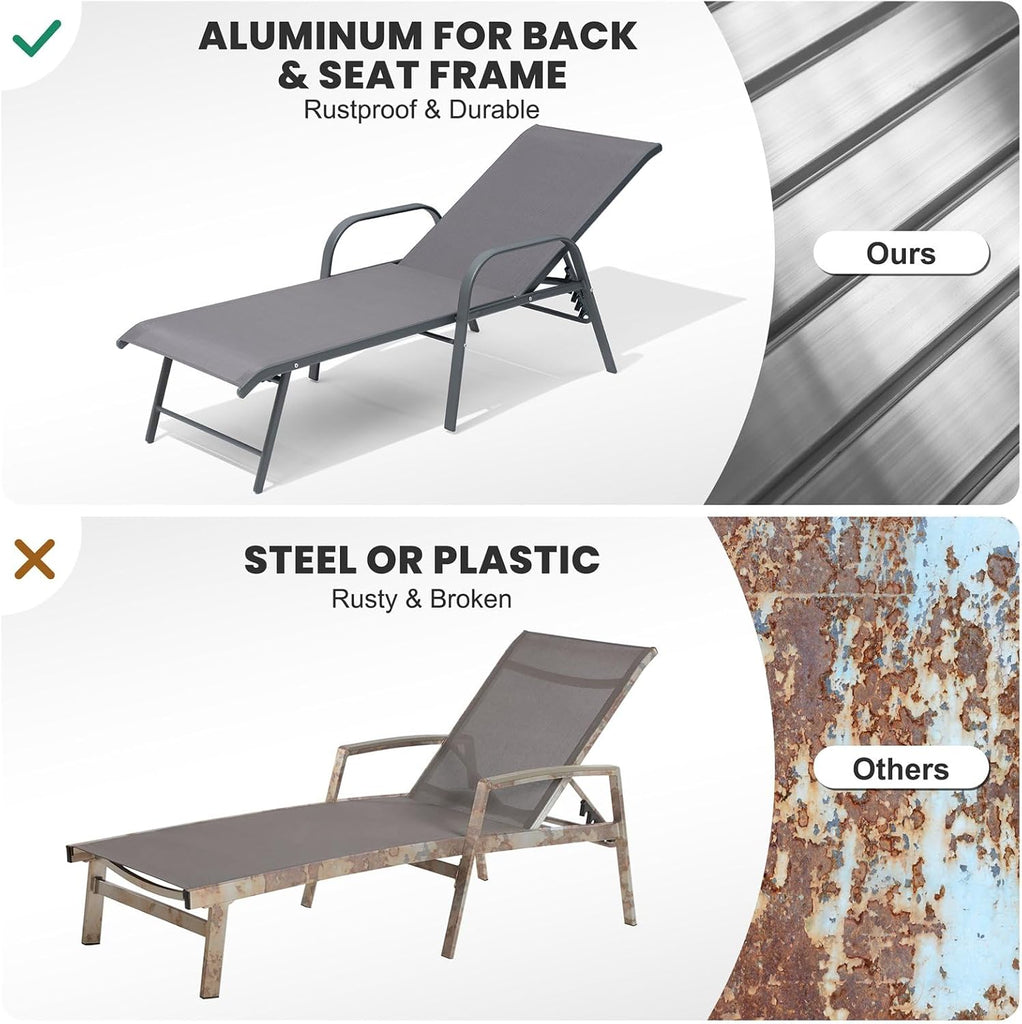 Chaise Lounge Outdoor, Aluminum Pool Lounge Chairs Set of 4 (Gray) | 5-Position Adjustable Backrest with Armrests