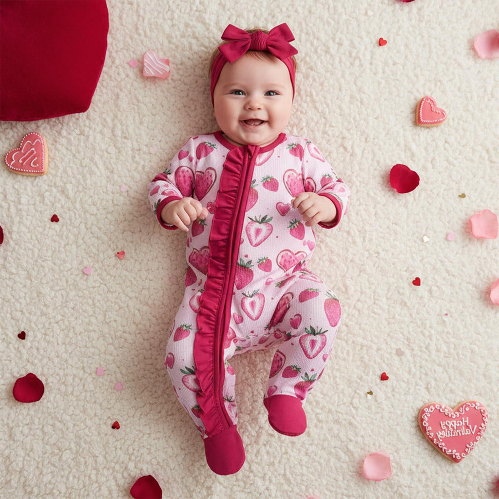 Girl Valentines Outfits Bowknot Long Sleeve Zipper Footie Romper Newborn Jumpsuit Bodysuit Coming Home Outfit (Pink