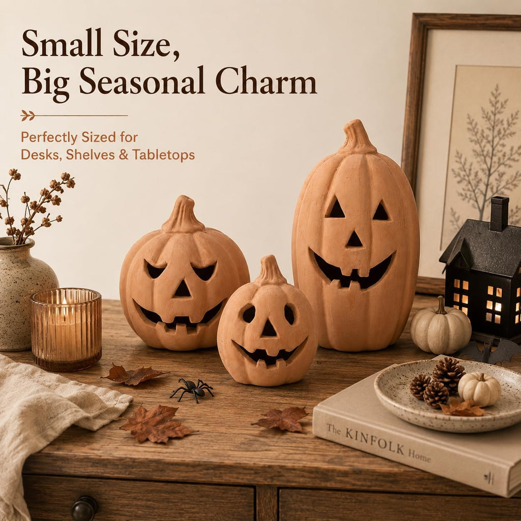 Mini Terracotta Pumpkin Halloween Decor, 6 in Max - Set of 3