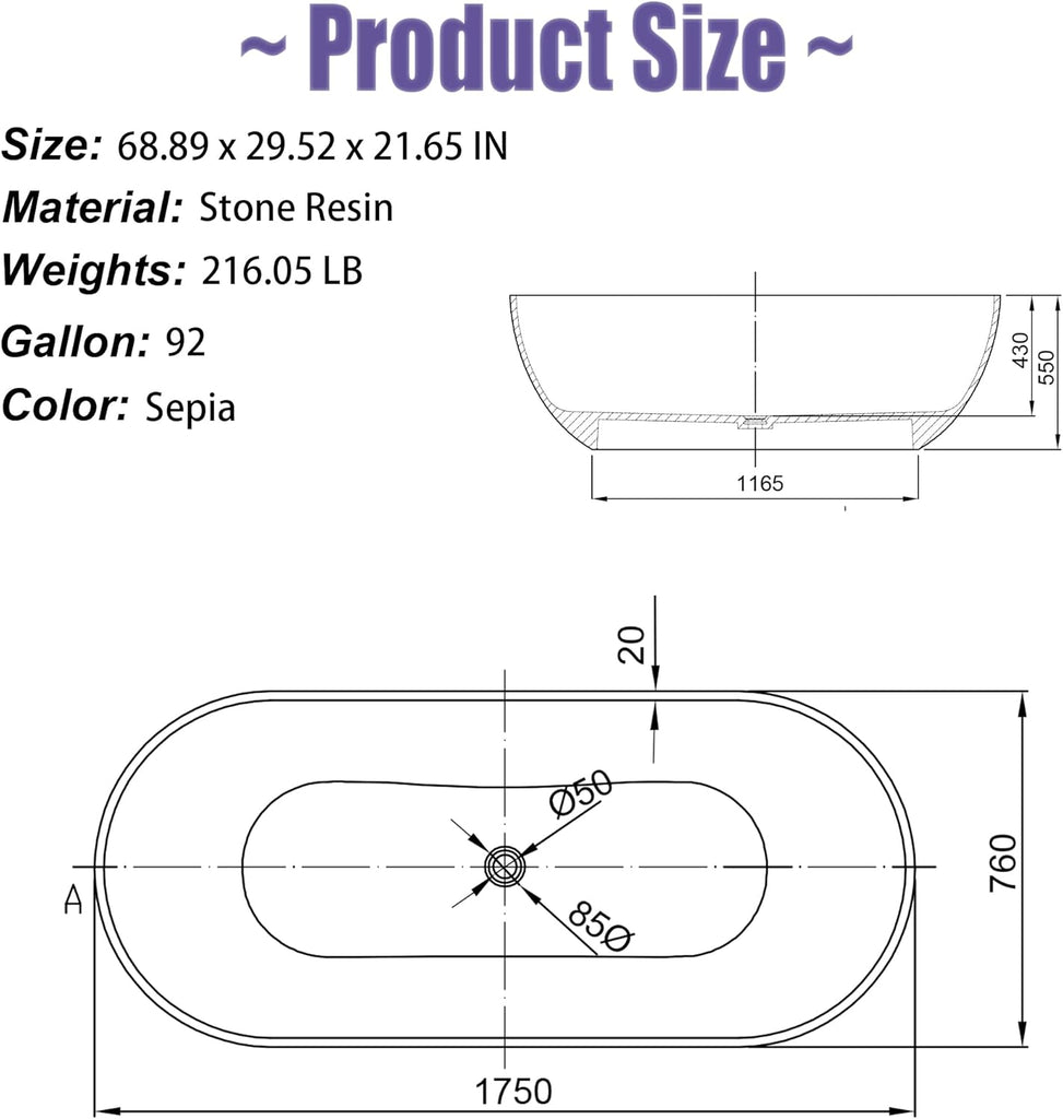 ​ 69" Resin Stone Freestanding Bathtub, Solid Surface Modern Freestanding Tub Soaking Stand Alone Tub with