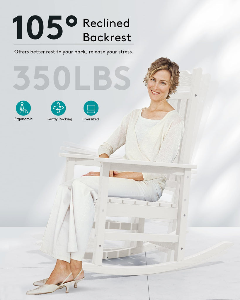 HDPE Oversized Outdoor Rocking Chairs Set of 2, Patio Rocker, White