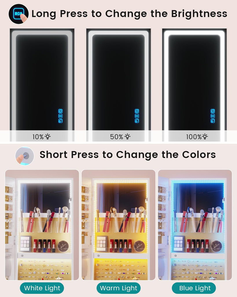 Mirror Jewelry Cabinet Standing with RGB Lights, 360° Swivel, Lockable