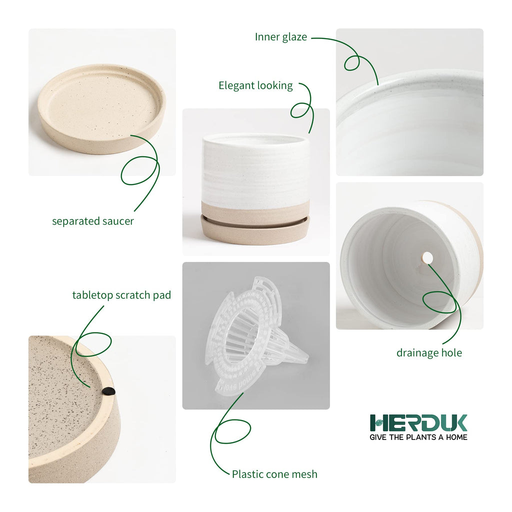 8 Inch Pots for Plants, Ceramic Planter Pot with Drainage Hole & Saucer, Indoor or Outdoor Cylinder Round Planter