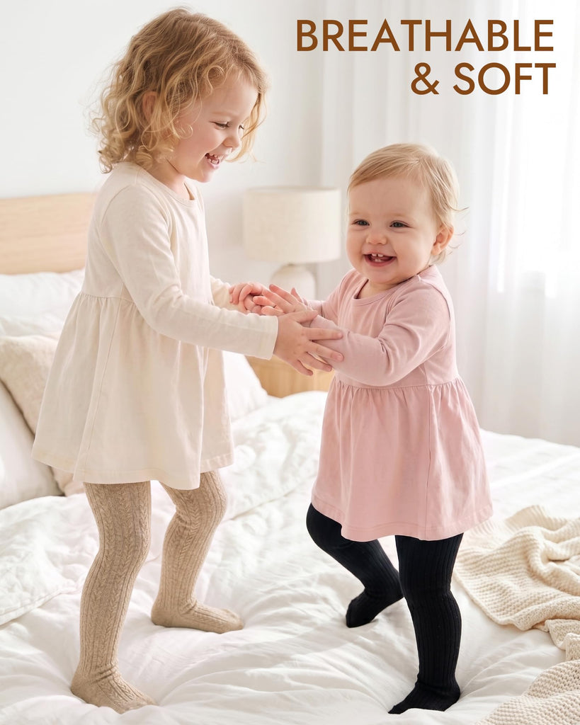 3 Pack Baby Girls Tights Cable Knit Leggings Stockings (US, Age - Black+White+Khaki)