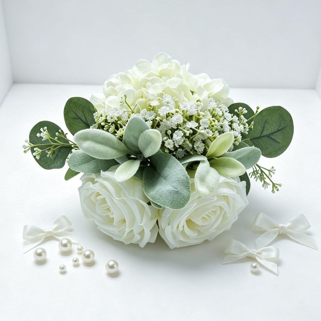 Artificial Bridesmaid Bouquets Set of 8 - Ivory White 9 Inch Various Flower Bouquet for Wedding Party Ceremony