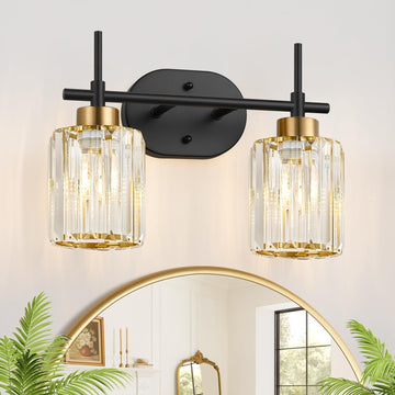 Modern Crystal Bathroom Vanity Light Fixtures, 2-Light Black and Gold Bathroom Wall Sconce Lighting for Over Mirror
