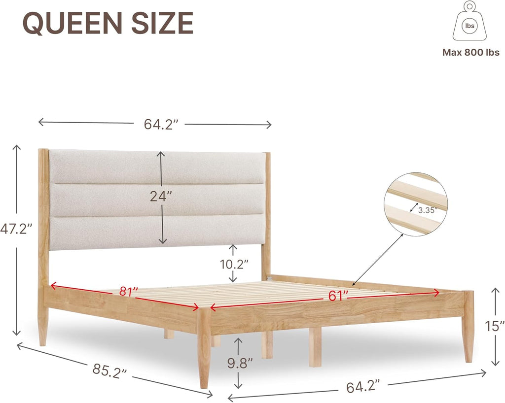 Wood Bed Frame with Upholstered Headboard Wooden Platform with Silent Slat Support Mattress Foundation No Box Spring