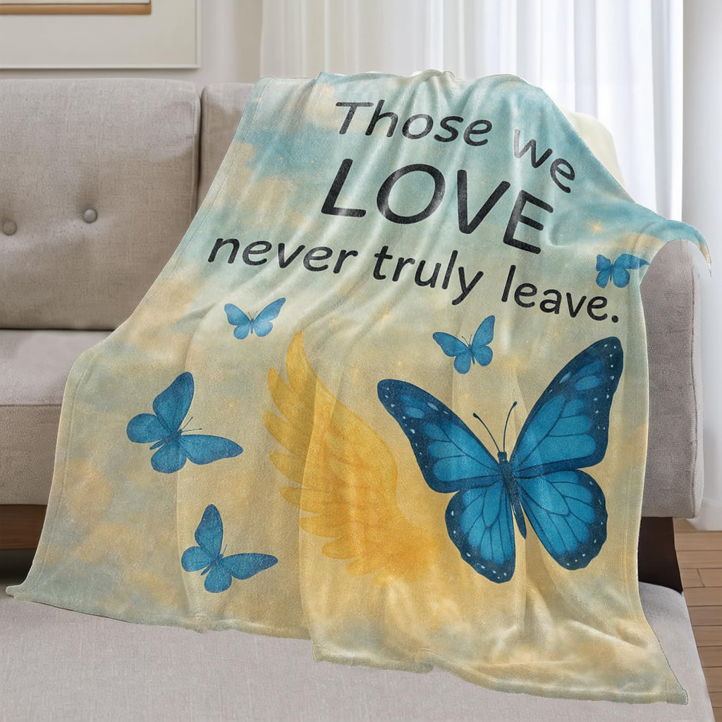 Butterfly Memorial Flannel Blanket Thinking of You Gifts for Women, 50x40inch, Golden Angel Wing and Sky Background
