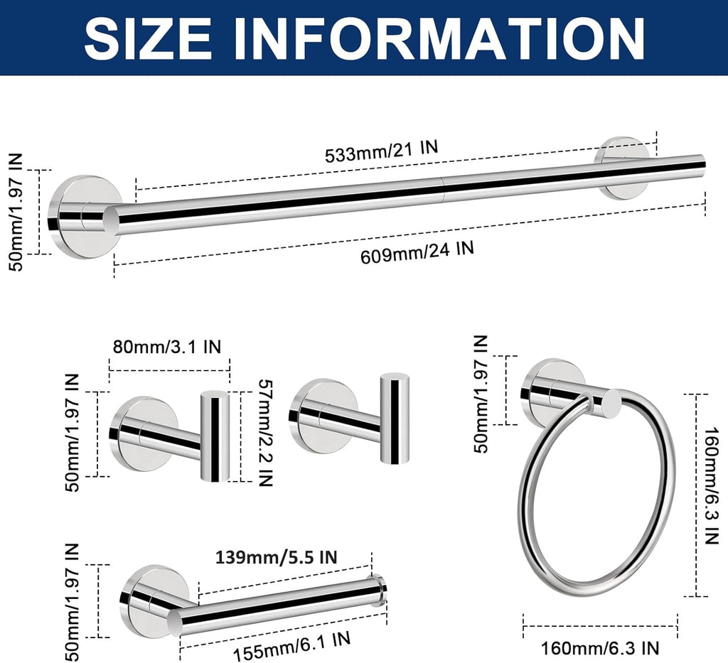 5 Pieces Bathroom Hardware Set SUS304 Thicken Stainless Steel-Towel Rack Kit Include 24" Towel Rod + Bath Towel Ring