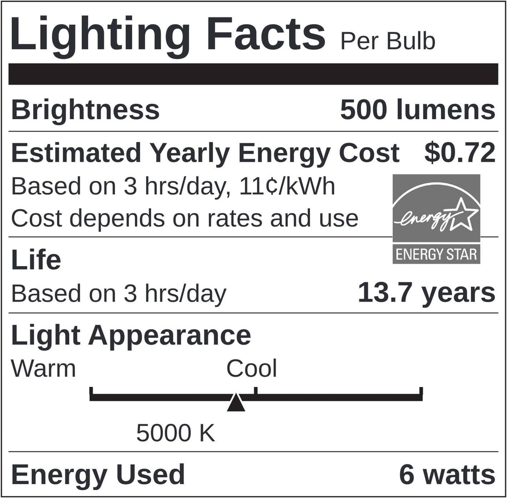G25 LED Globe Light Bulbs Vanity Light Bulb 6W (60W Equivalent) 5000K Bright White E26 Medium Base Dimmable 500 Lumen