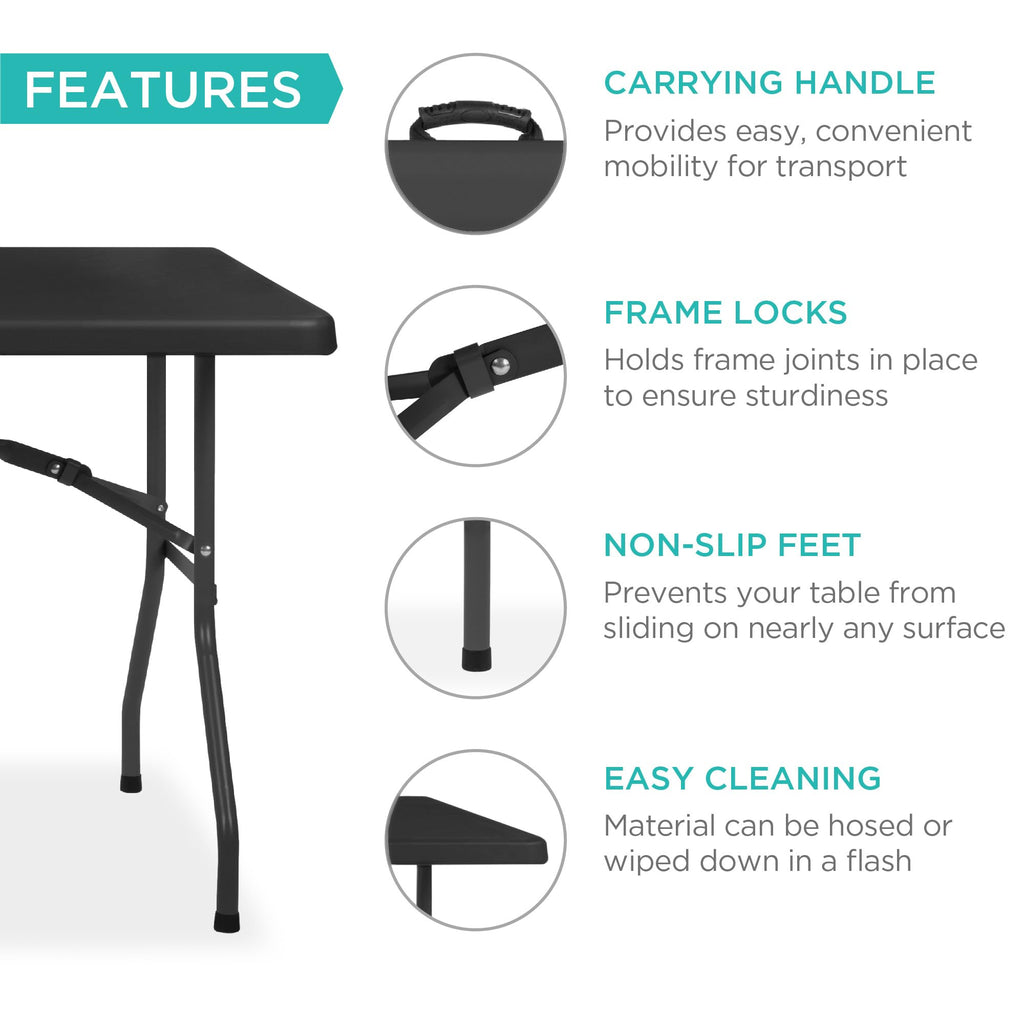 6ft Plastic Folding Table, Indoor Outdoor Heavy Duty Portable w/Handle, Lock for Picnic, Party, Camping - Black