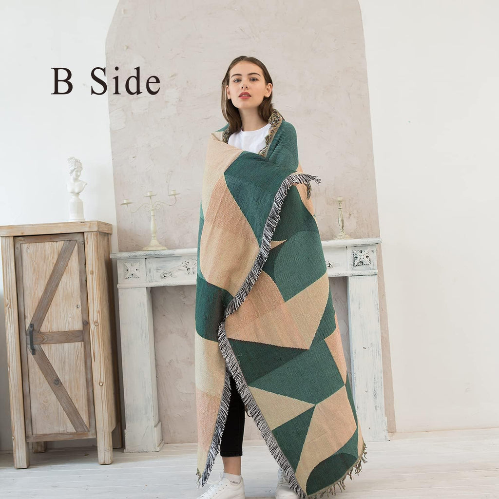 Beige Bohemian Sofa Throw Blankets Ethnic Woven Boho Geometric Multicolor Blue and Orange Throw Blanket for Couch