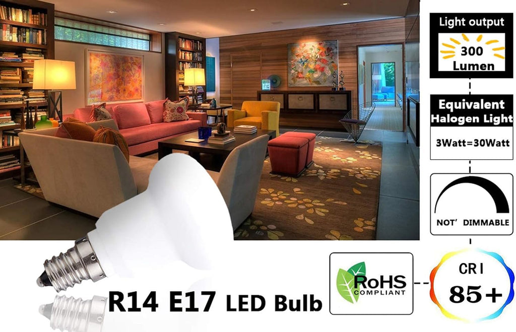 R14 E17 LED Bulb, 3W(25 Watt Incandescent Equivalent), 2700K Warm White Not-Dimmable Intermediate Base Led Light