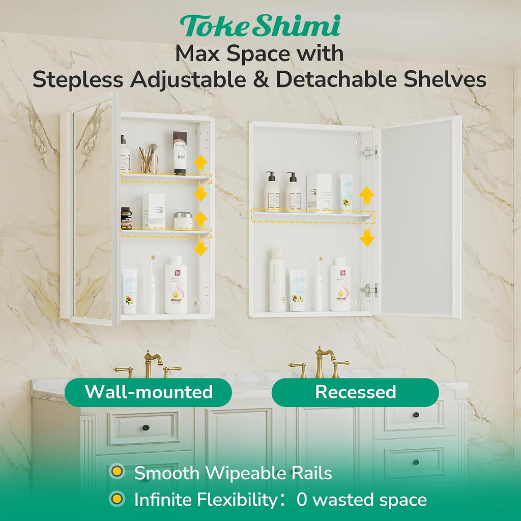 14 x 24 White Recessed Medicine Cabinet with Mirror, Assembly Required, Bathroom Medicine Cabinet with Mirror