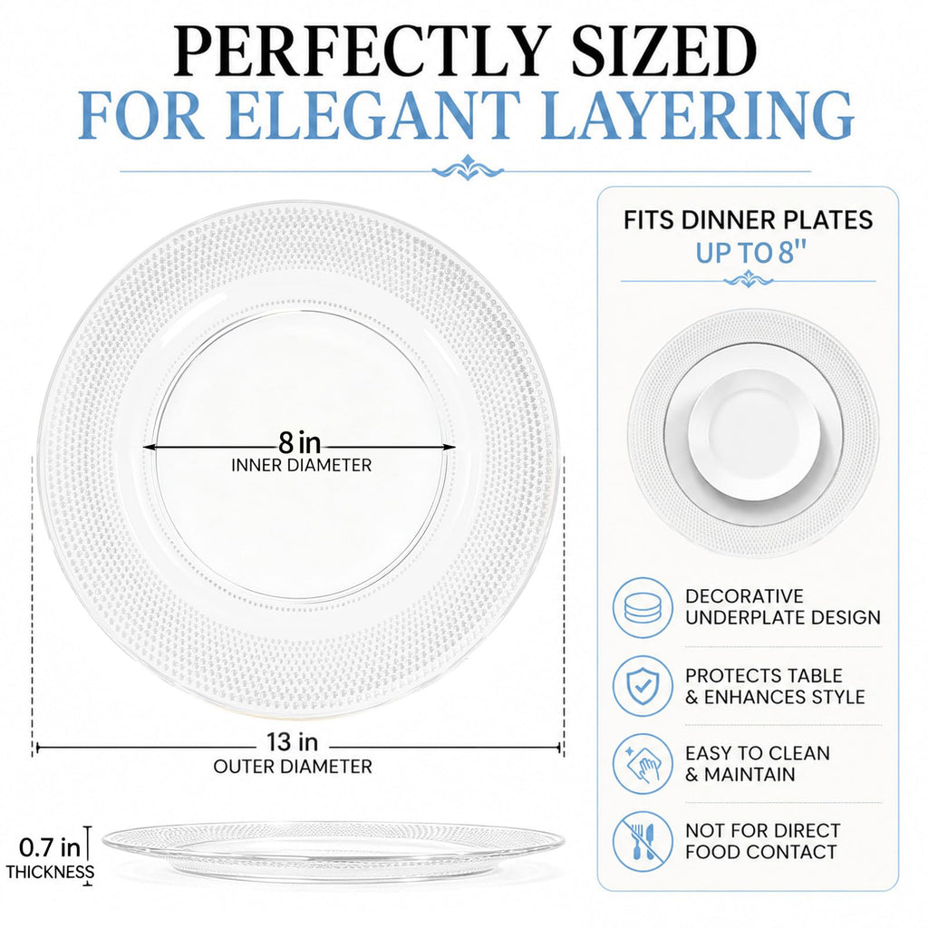 10 Pack 13" Plastic Clear Charger Plates, Transparent Trim